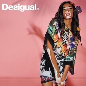 Desigual Gijon Butterfly Belted Caftan Dress Mini Dolman Kimono Sleeve S…
